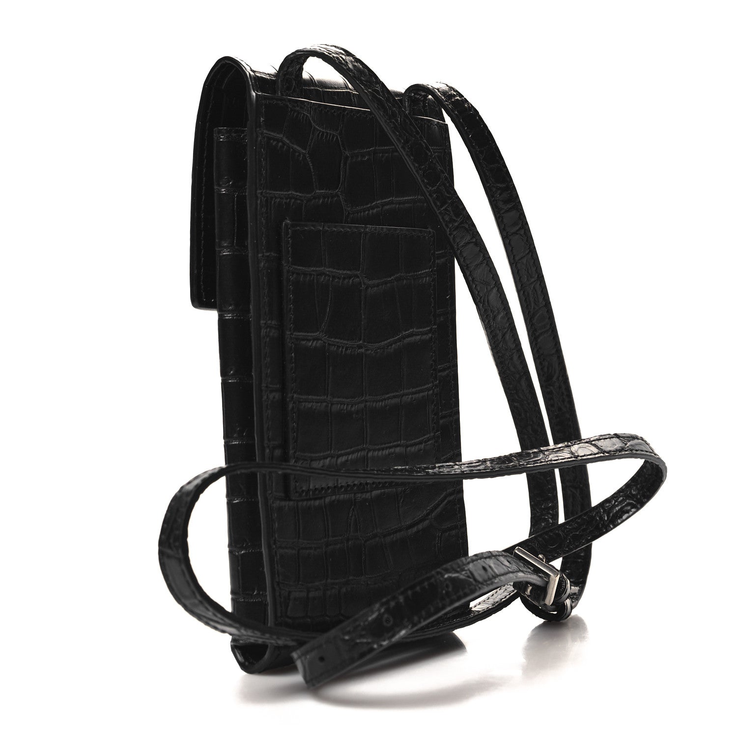 Saint Laurent Calfskin Crocodile Embossed Phone Holder Crossbody Black 3 of 9