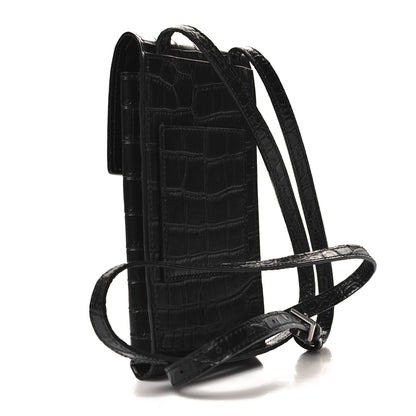 Saint Laurent Calfskin Crocodile Embossed Phone Holder Crossbody Black 3 of 9