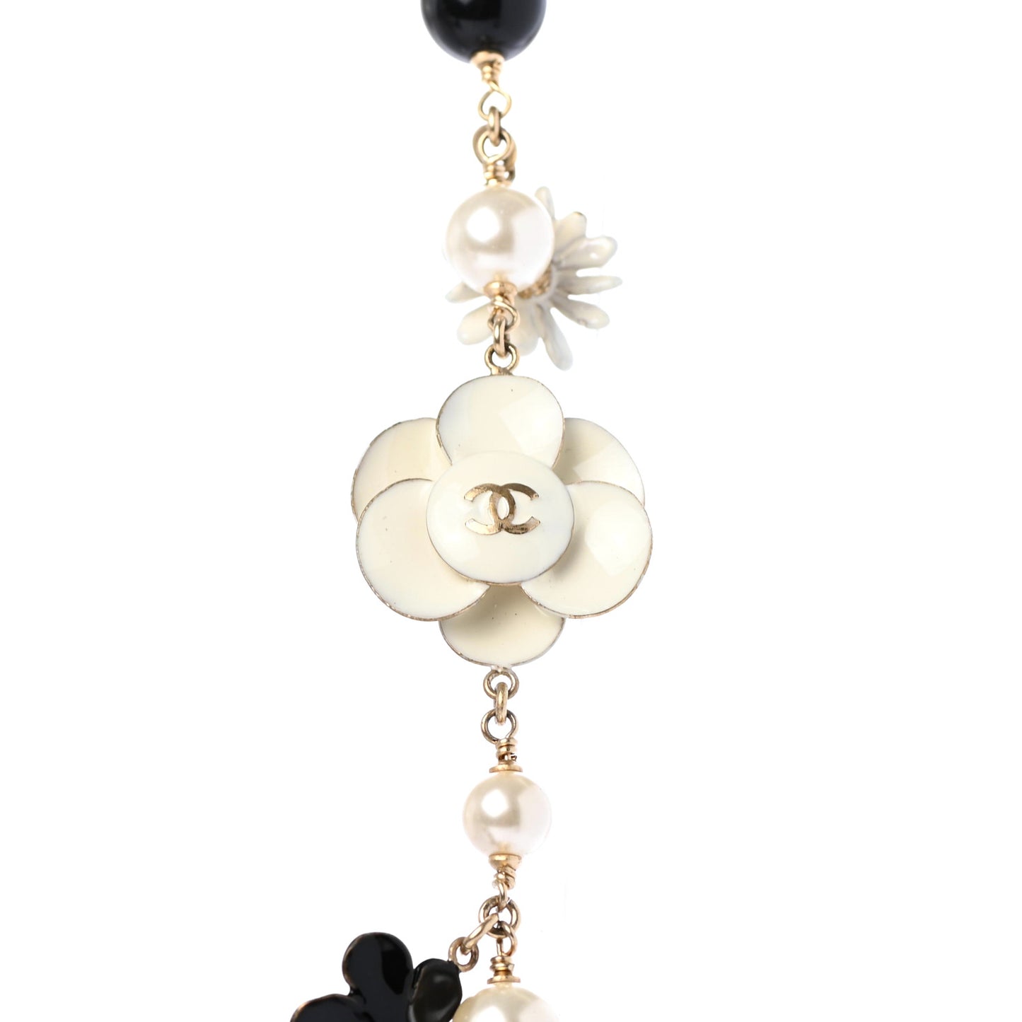 Pearl Camellia CC Long Necklace Gold Black