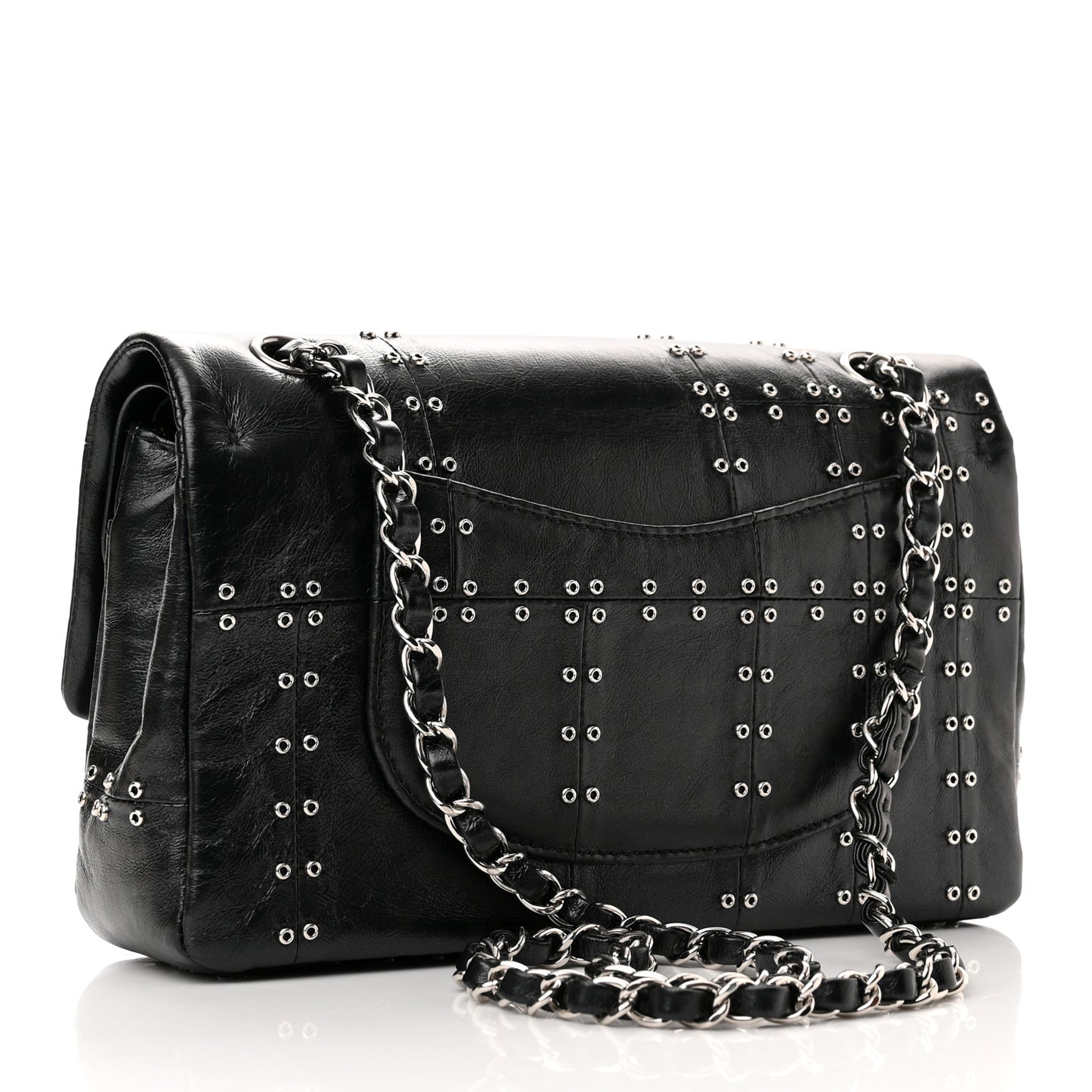 Glazed Calfskin Grommet Embellished Medium Airline Double Flap Black