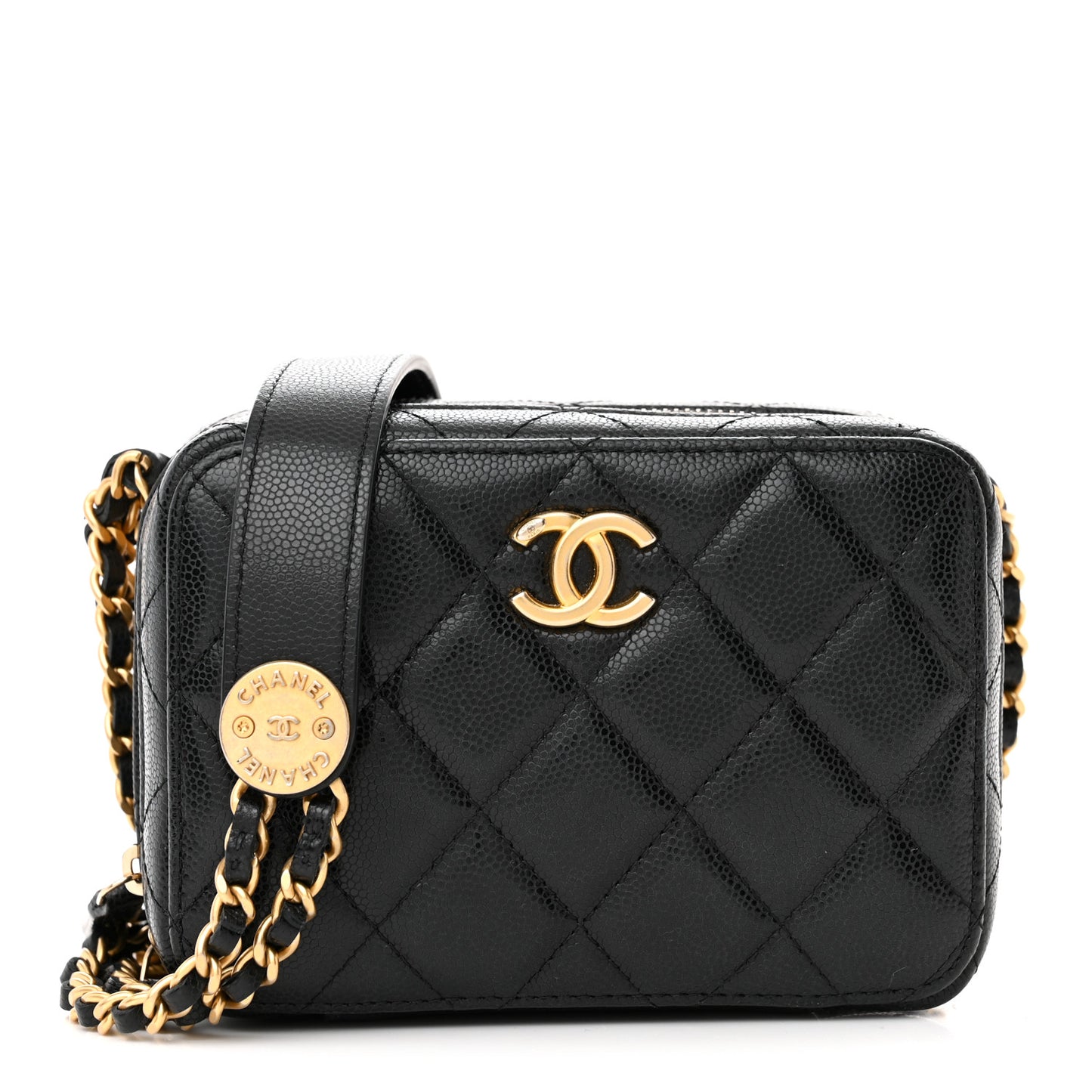Caviar Quilted Twist Your Buttons Clutch With Chain Black