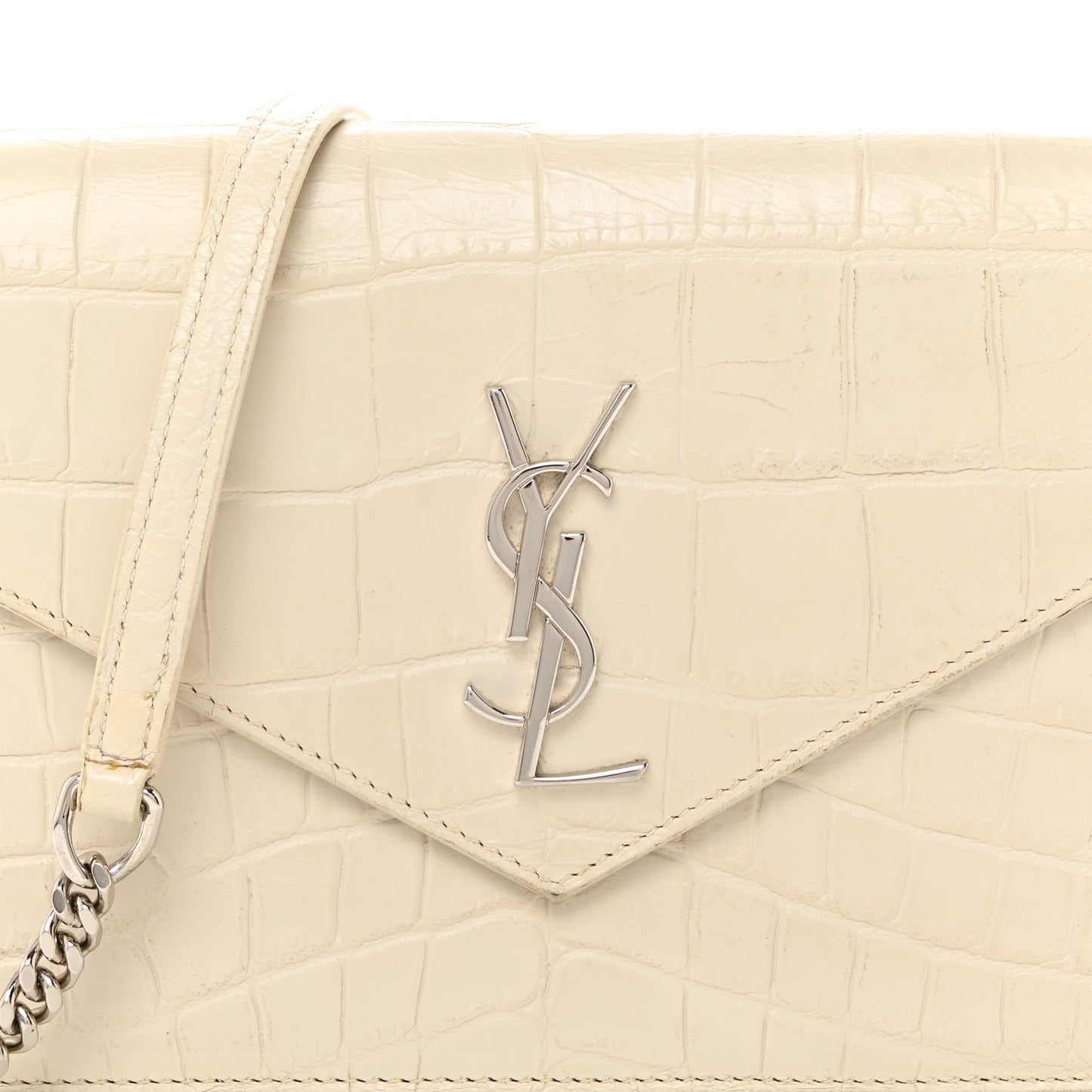 Calfskin Crocodile Embossed Monogram Envelope Chain Wallet White