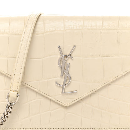 Saint Laurent Calfskin Crocodile Embossed Monogram Envelope Chain Wallet White 8 of 10
