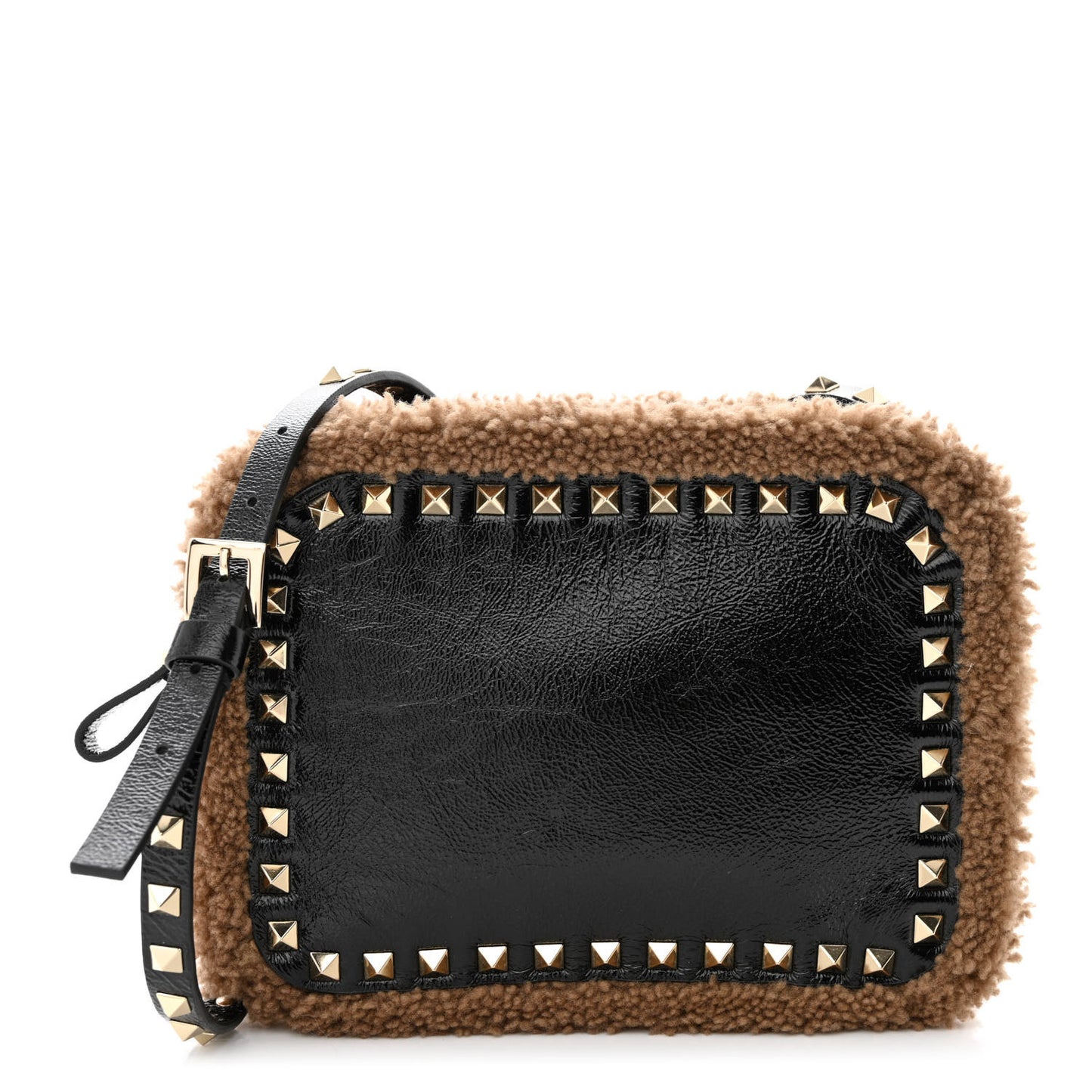 Textured Patent Calfskin Shearling Small Rockstud Camera Crossbody Bag Black