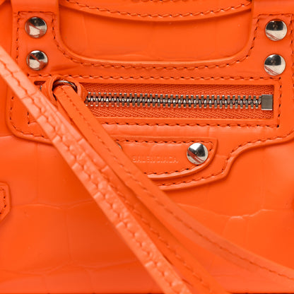 Balenciaga Semi Shiny Calfskin Crocodile Embossed Neo Classic Silver Hardware Nano City Crossbody Orange 7 of 12