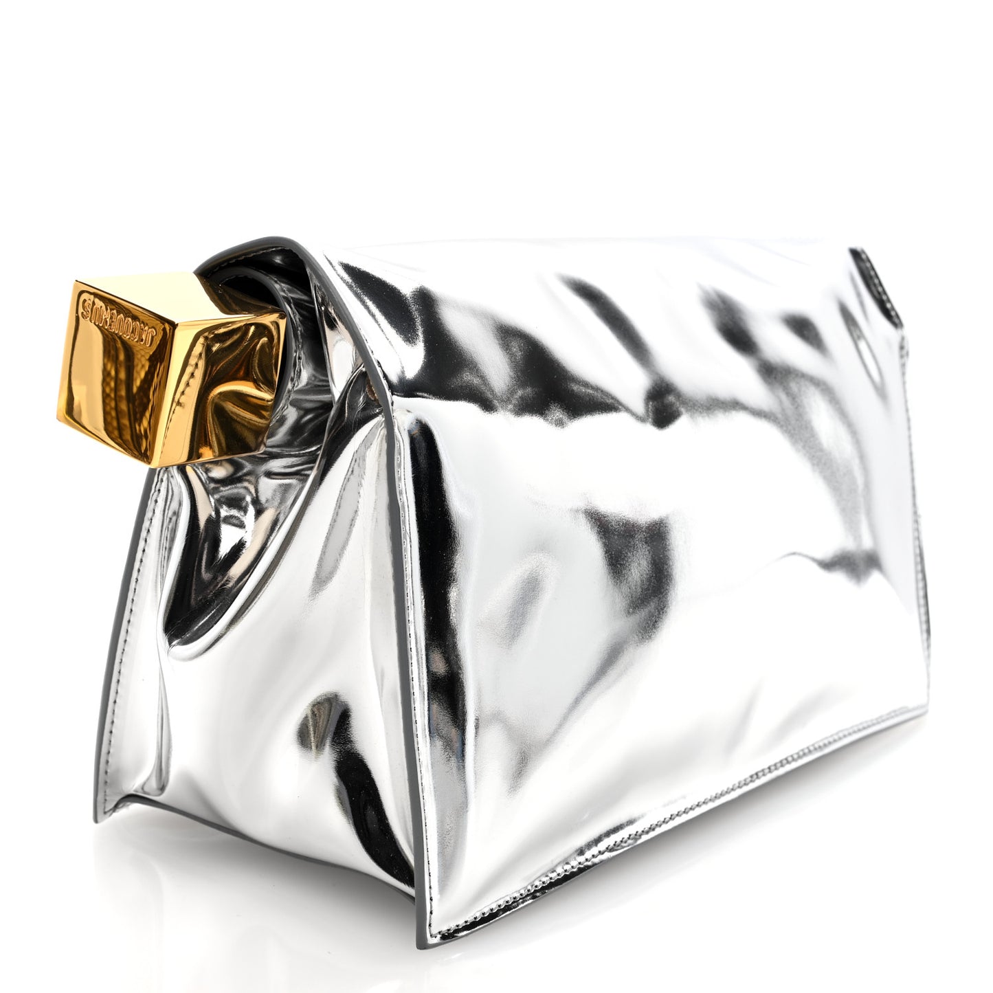 Metallic Patent Calfskin La Pochette Rond Carre Silver