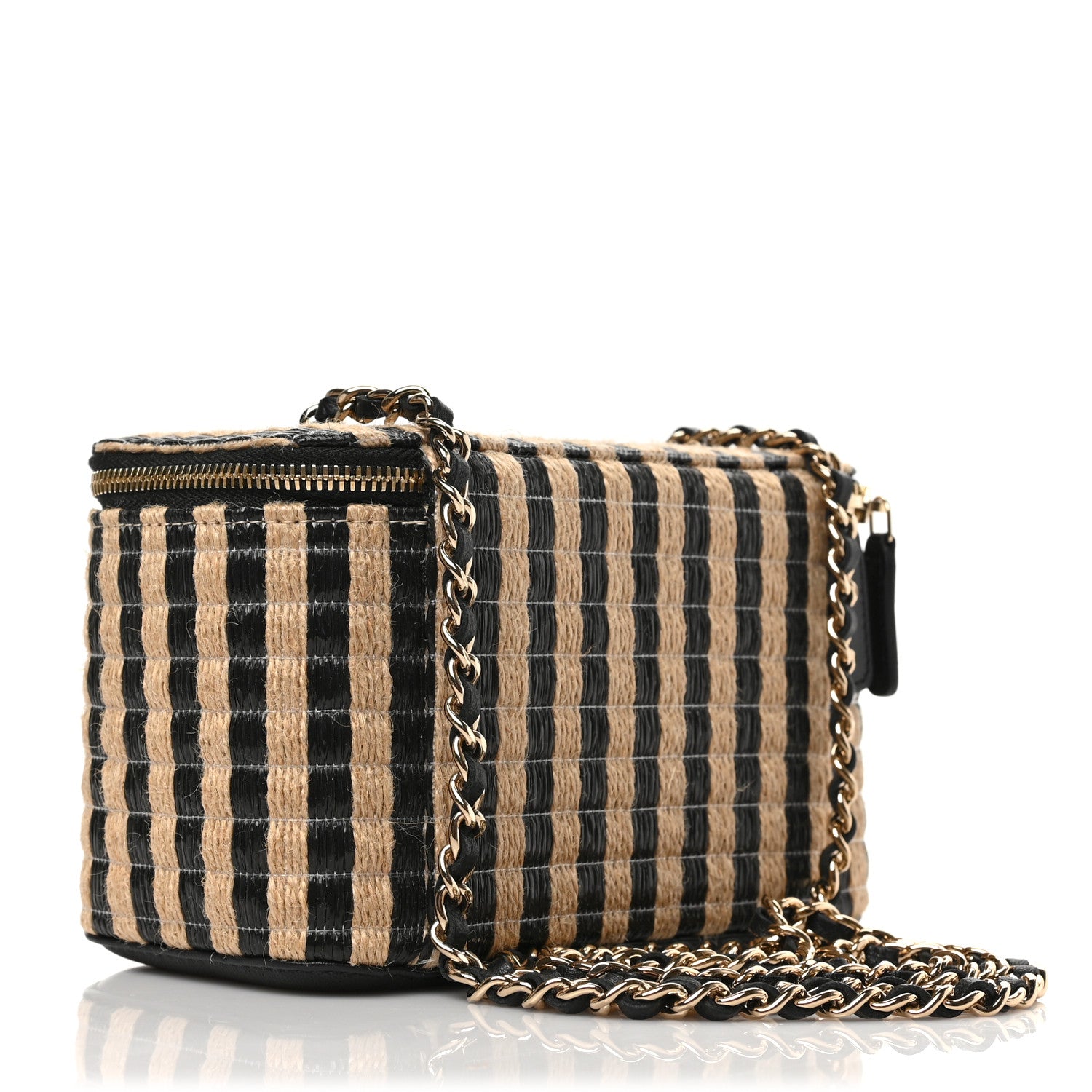 Chanel Raffia Jute Striped Small Vanity Case With Chain Black Beige 3 of 9