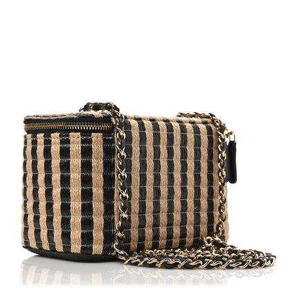 Chanel Raffia Jute Striped Small Vanity Case With Chain Black Beige 3 of 9