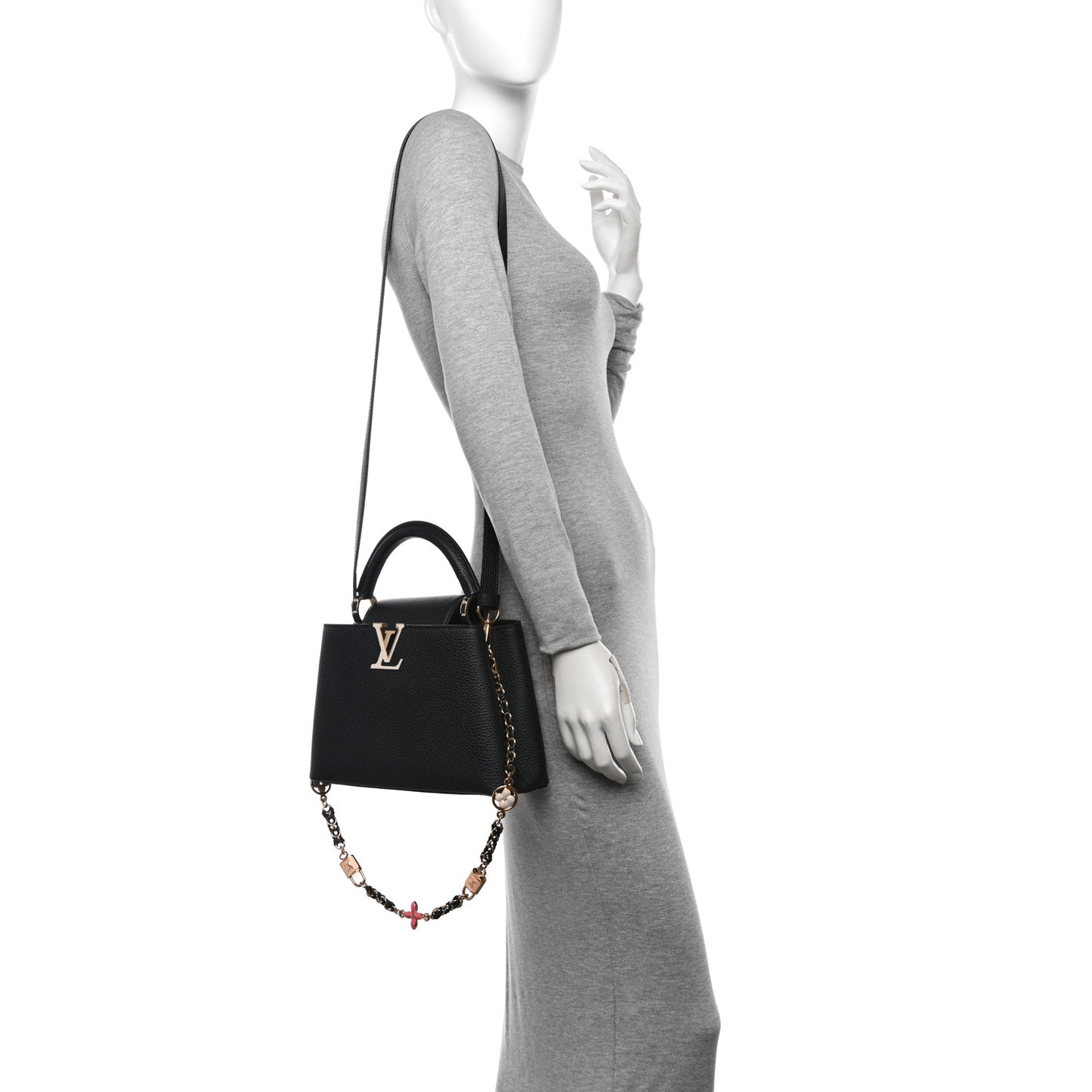 Taurillon Enamel Flower Padlock Chain Capucines BB Black