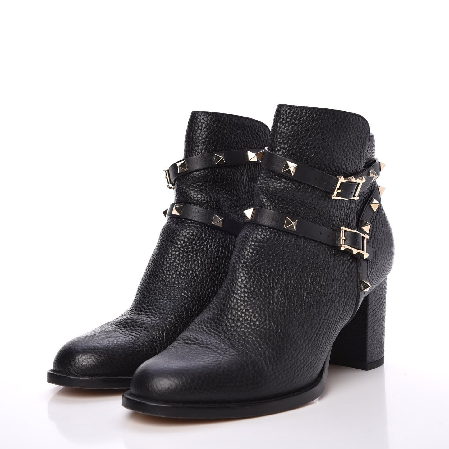 Pebbled Calfskin Rockstud Double Buckle 70mm Block Heel Ankle Boots 38.5 Black