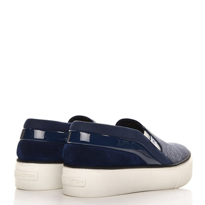 Louis Vuitton Printed Denim Patent Suede Catwalk Slip On Sneakers 37 Blue 4 of 9