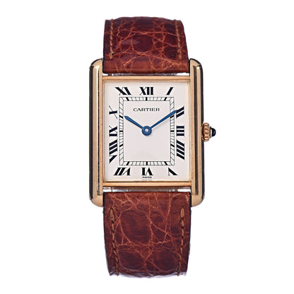 Cartier 18K Yellow Gold Alligator 24mm Tank Solo Quartz Watch Brown 1 of 10