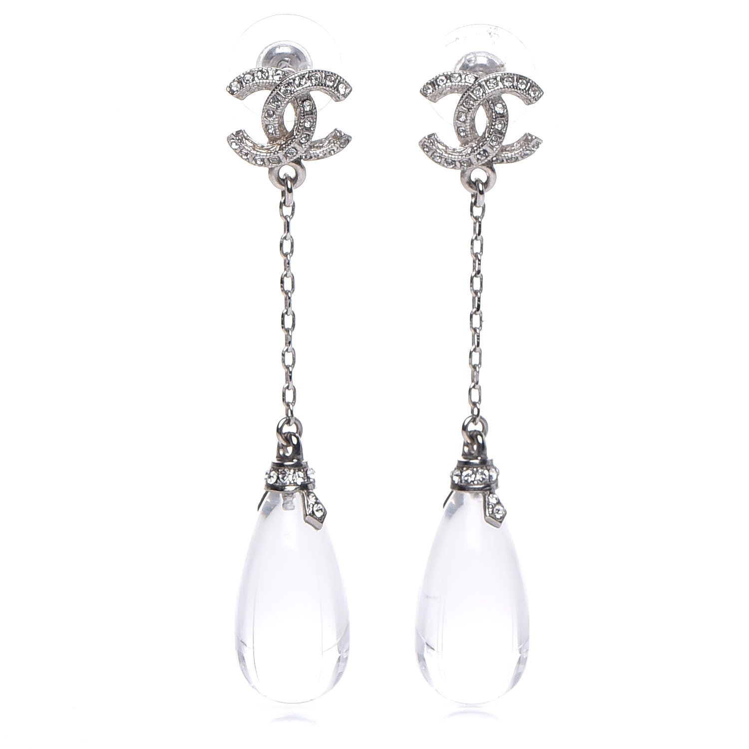 Chanel Resin Crystal CC Drop Earrings Silver 1 of 5