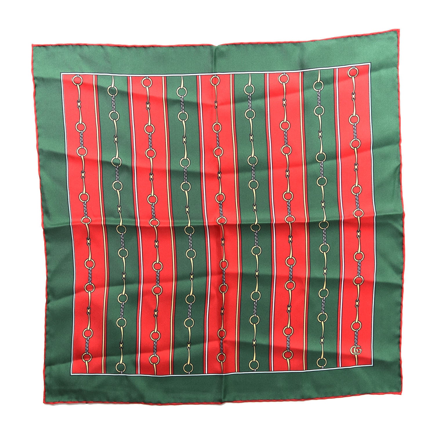 Gucci Silk Twill Horsebit Chain Print Pocket Square Handkerchief Green Red 1 of 4