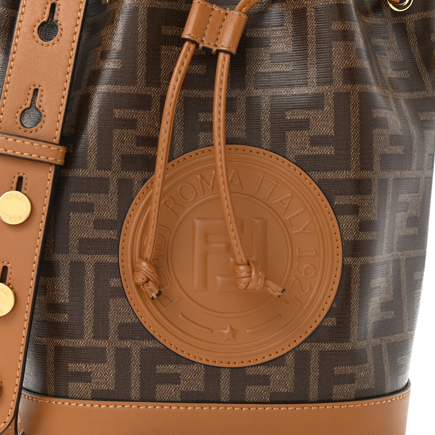 Glazed Fabric Vitello Grace F is Fendi FF 1974 Stamp Patch Grande Mon Tresor Bucket Bag Mogano Panna Nocciola