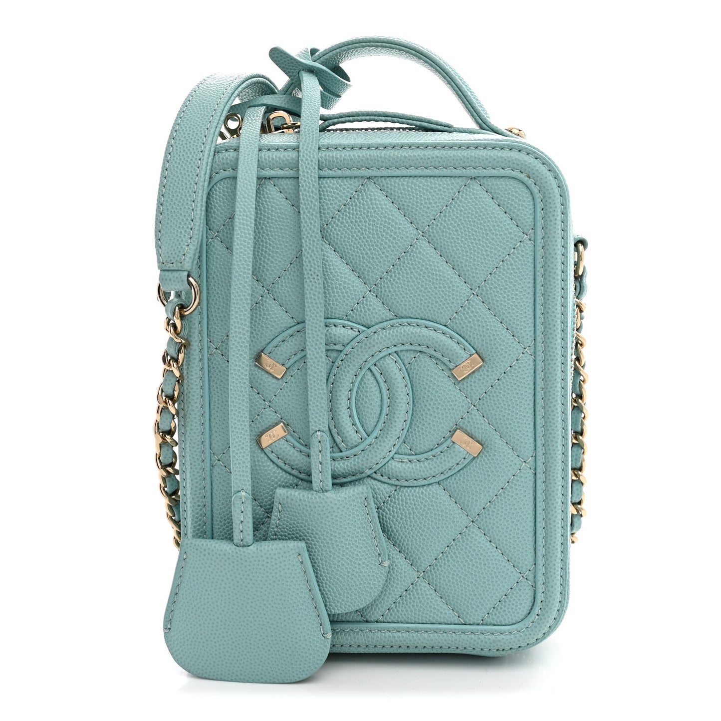 Caviar Quilted CC North South Filigree Vanity Case Light Blue
