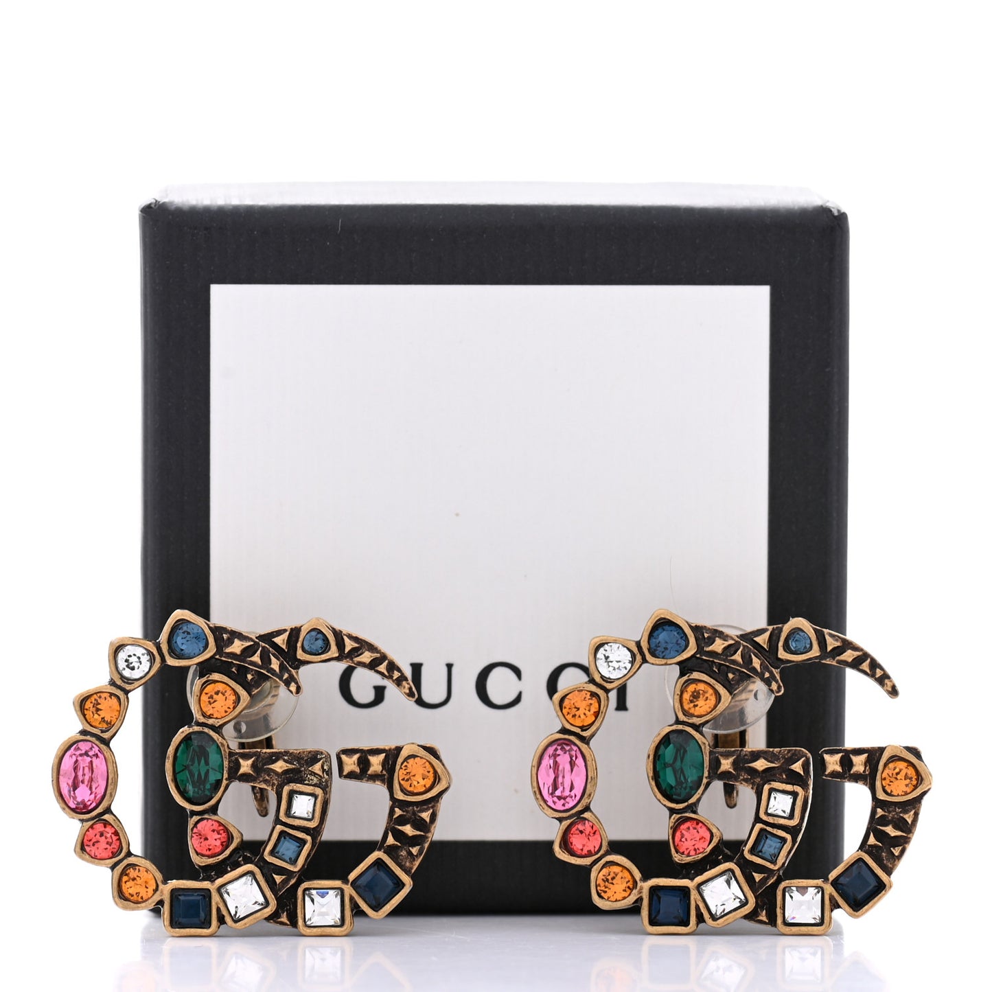 Crystal Double G Clip On Earrings Aged Gold Multicolor