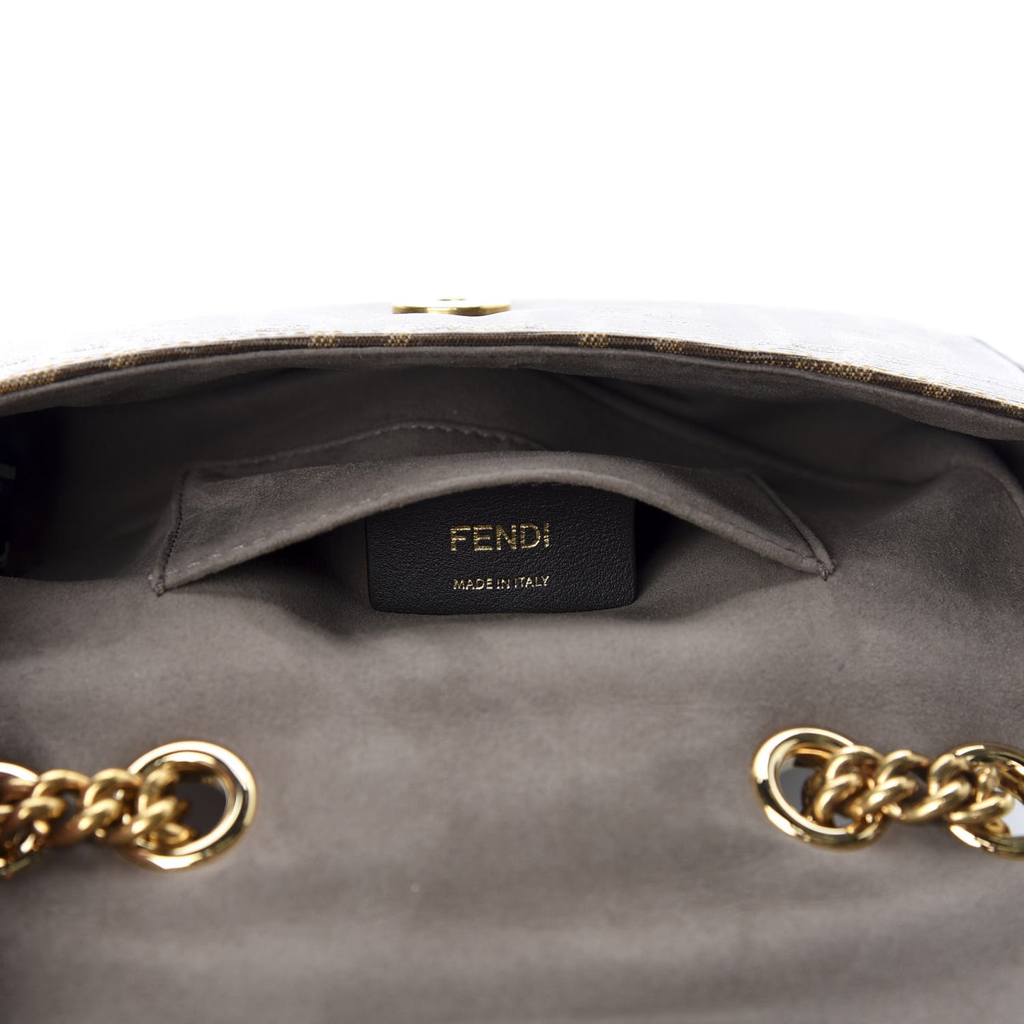 Glazed Fabric Vitello Century FF 1974 Stamp Patch Mini Double F Crossbody Bag Mogano Panna Caramello