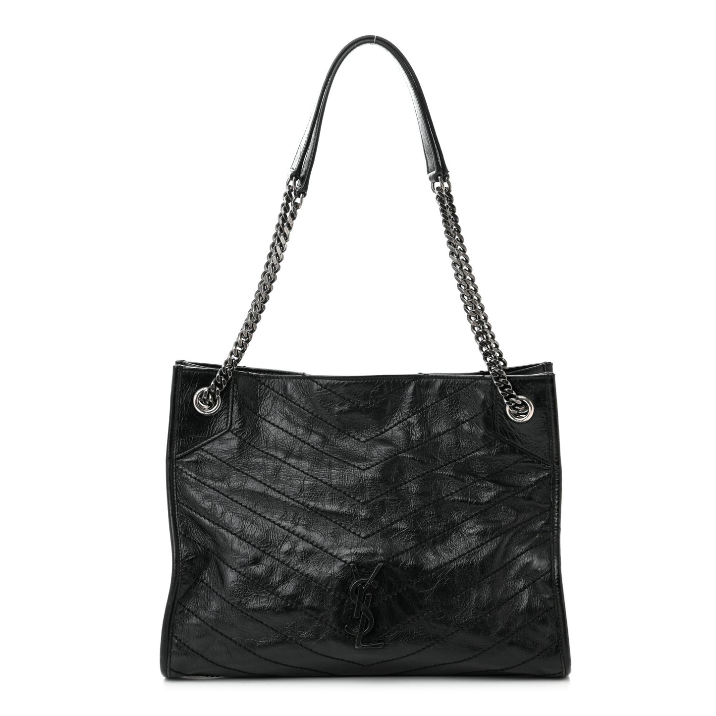 Crinkled Calfskin Matelasse Monogram Medium Niki Shopper Tote Black