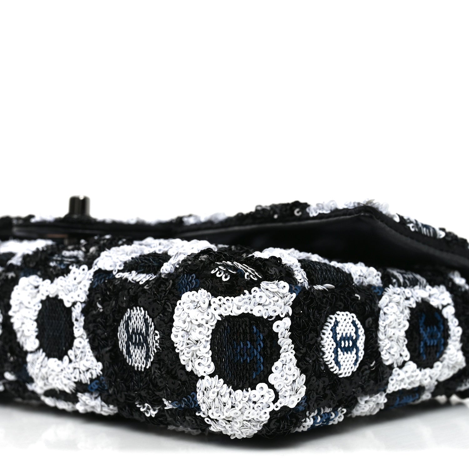 Chanel Satin Sequin Embellished Flower East West Flap Black White Blue 10 of 10