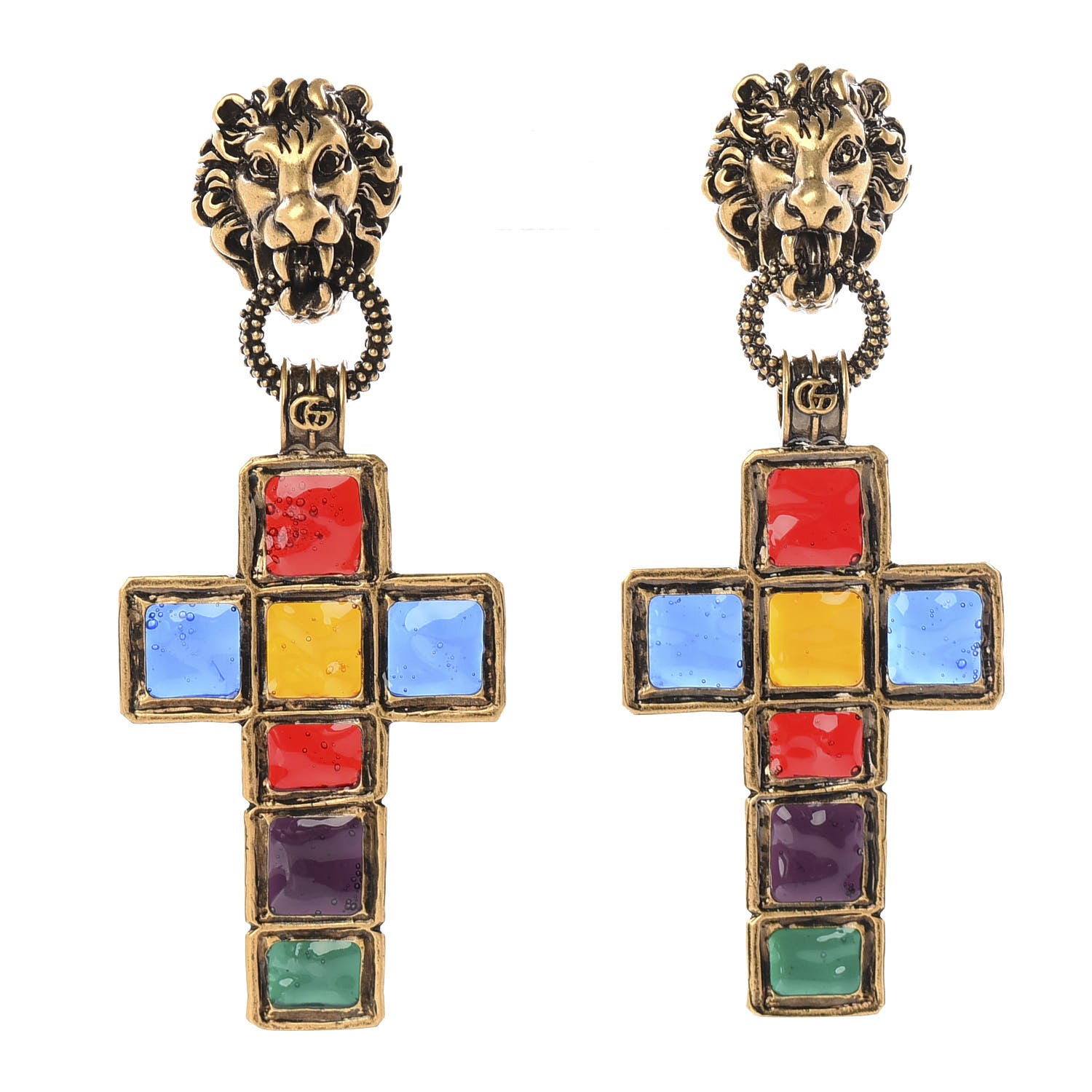 Gucci Metal Enamel Lion Cross Clip On Earrings Multicolor 1 of 4