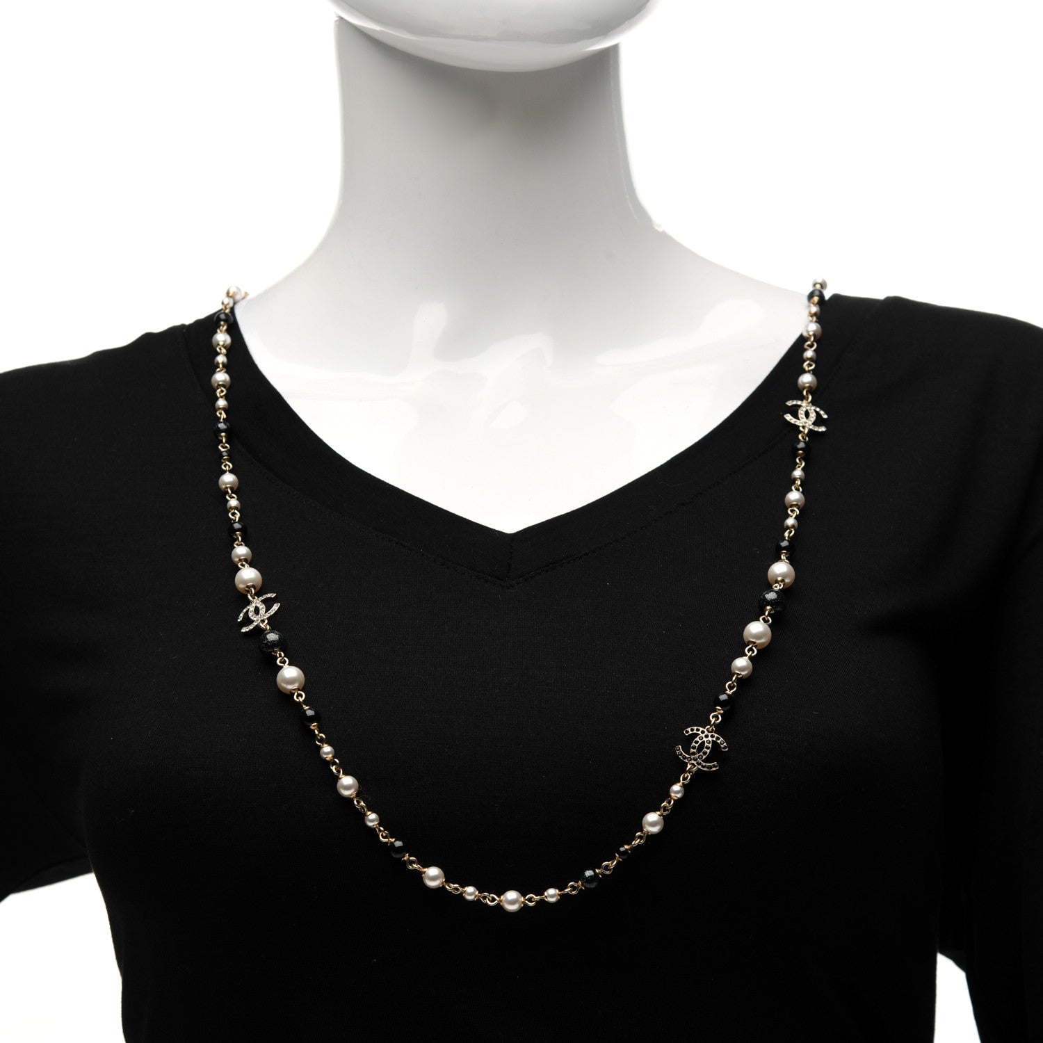 Chanel Pearl Bead Crystal CC Long Necklace Black Gold 2 of 5