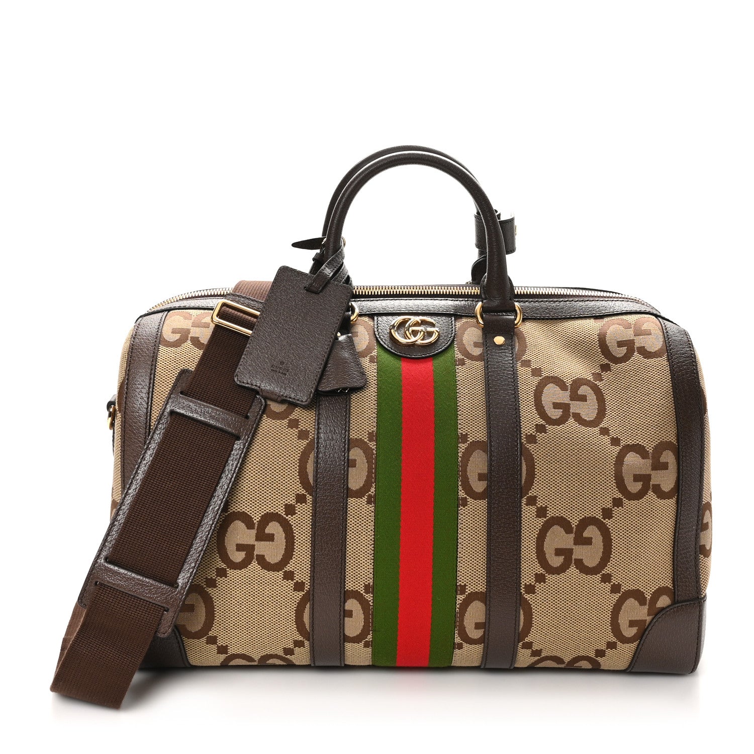 Gucci Monogram Jumbo GG Textured Dollar Calfskin Web Medium Duffle Bag Camel Ebony 1 of 9