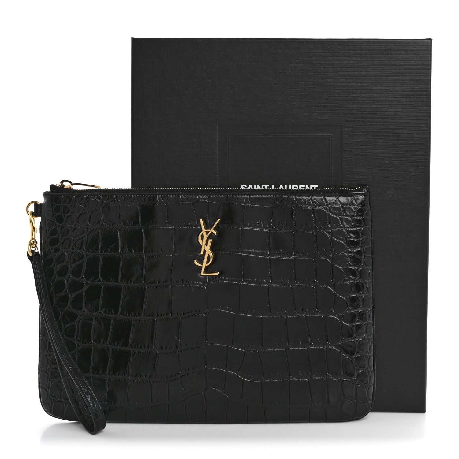 Saint Laurent Calfskin Crocodile Embossed Tablet Pouch Black 9 of 9