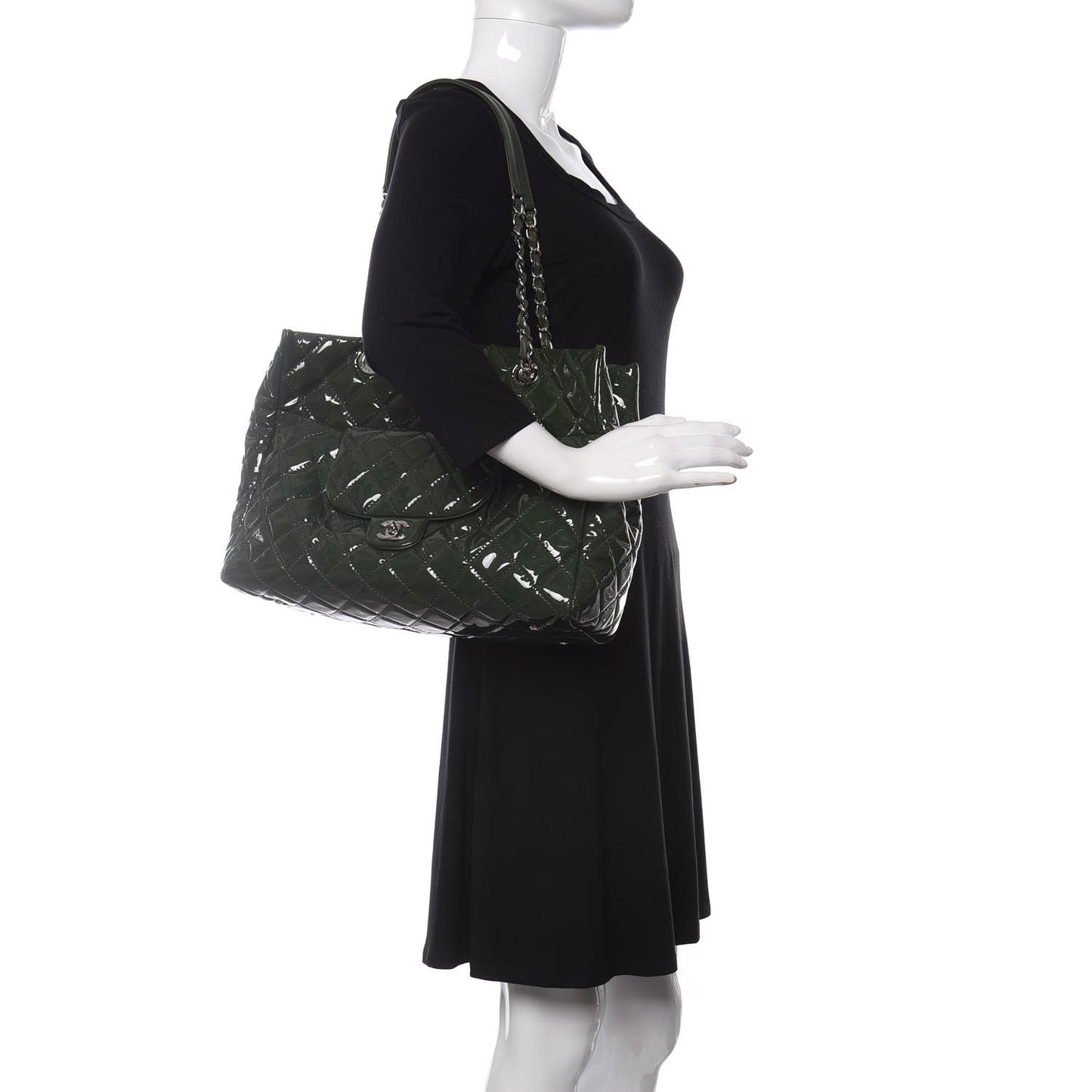 Patent Quilted Large Coco Shine Shopping Tote Dark Green