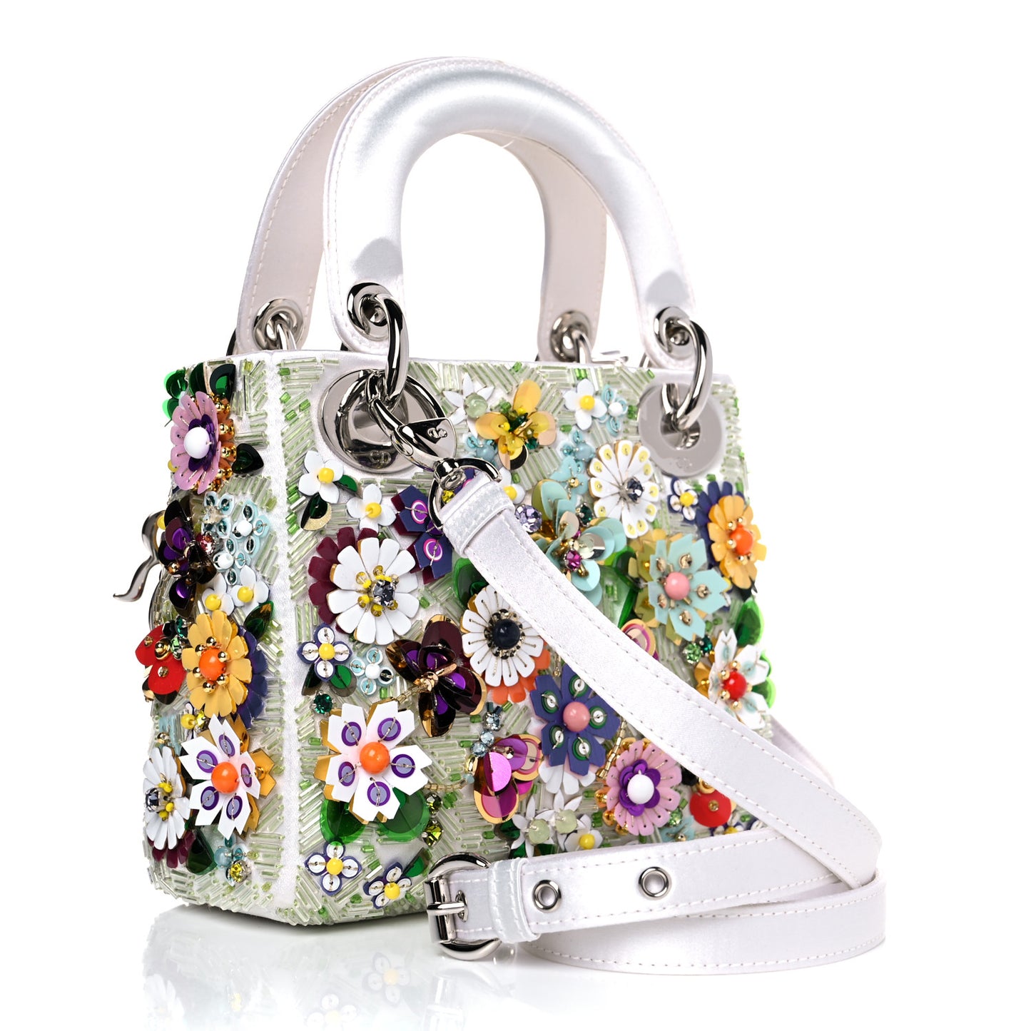 Satin Beaded Floral Embroidered Mini Lady Dior White Multicolor
