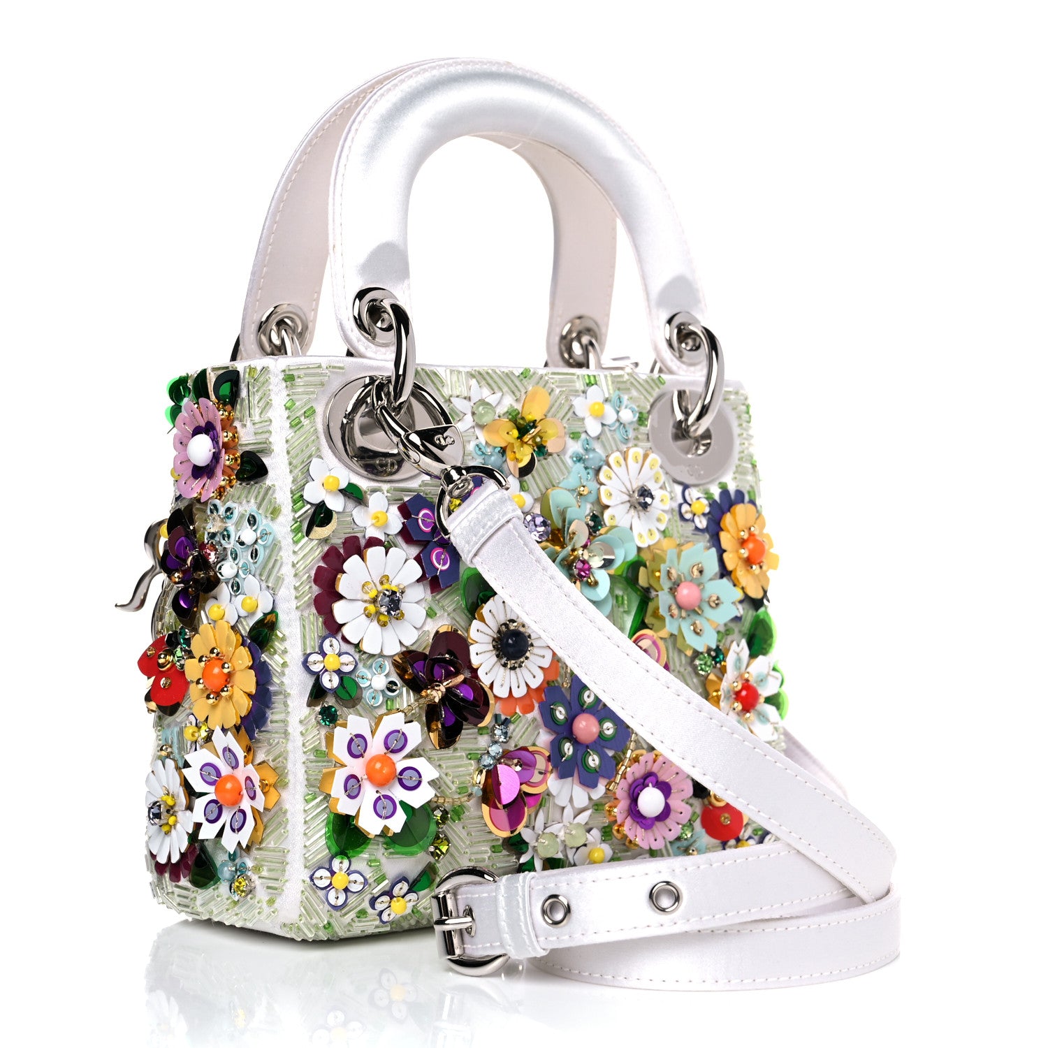 Christian Dior Satin Beaded Floral Embroidered Mini Lady Dior White Multicolor 3 of 10