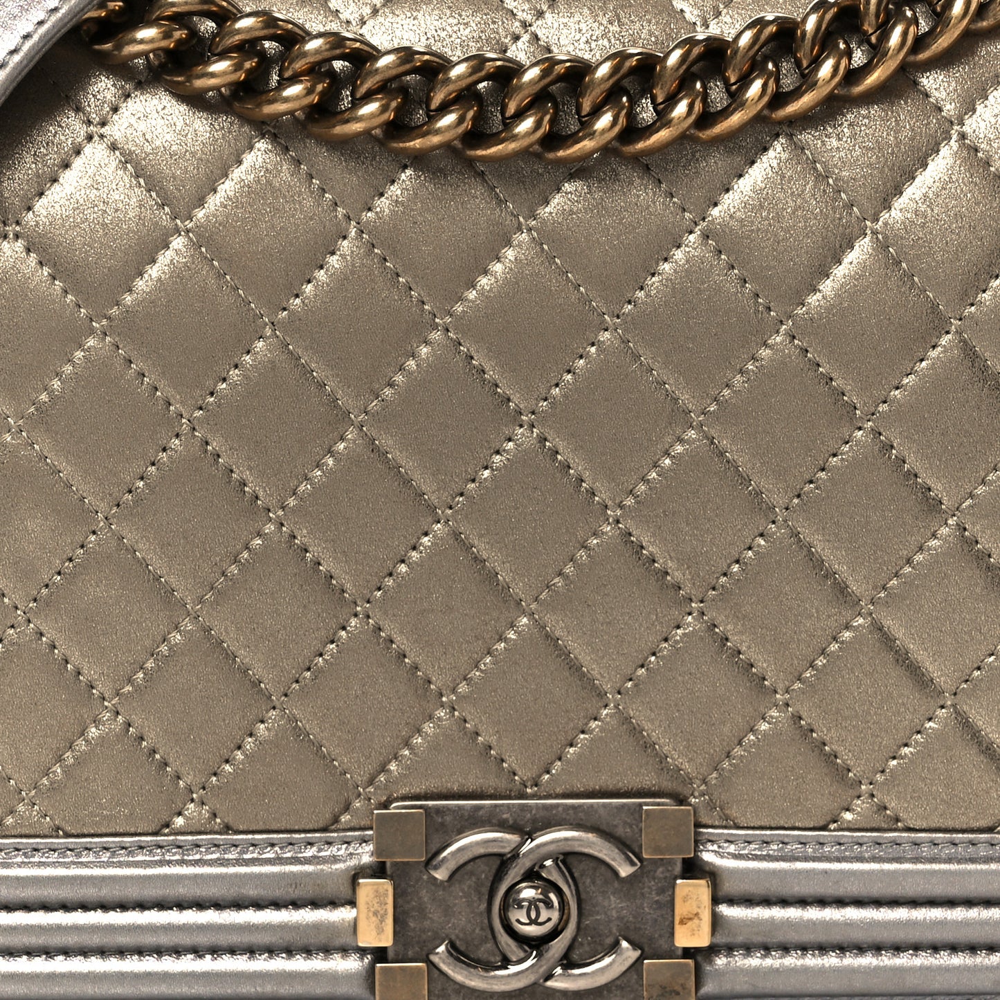 Metallic Calfskin Quilted New Medium Boy Flap Khaki