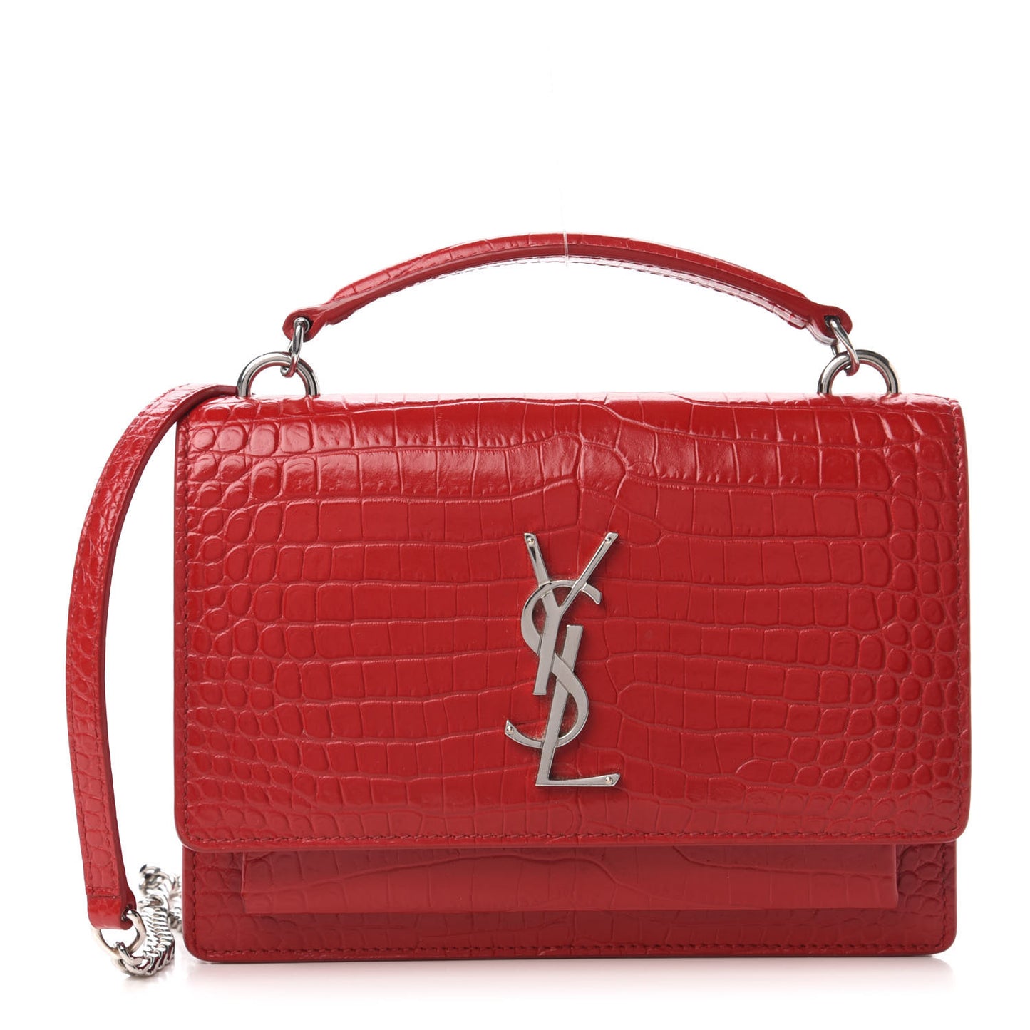 Calfskin Crocodile Embossed Monogram Sunset Chain Wallet New Lipstick Red