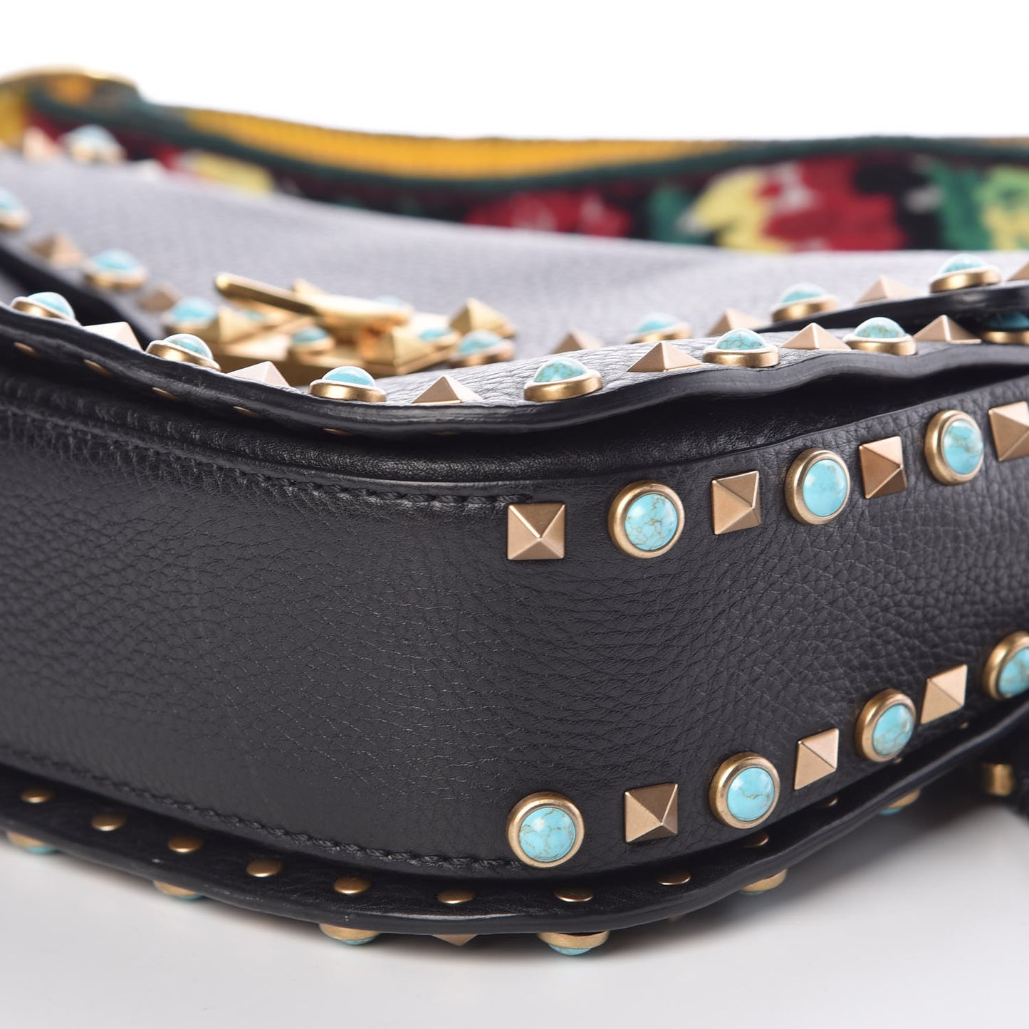 Pebbled Calfskin Turquoise Medium Guitar Strap Rockstud Rolling Flap Saddle Bag Black