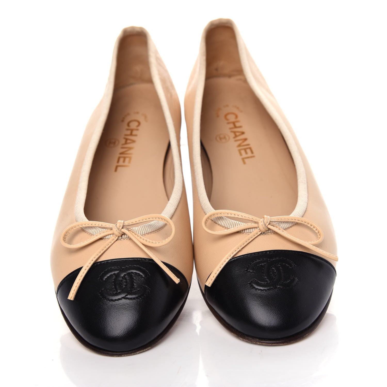 Chanel Lambskin Cap Toe CC Ballerina Flats 39.5 Beige Black 5 of 10