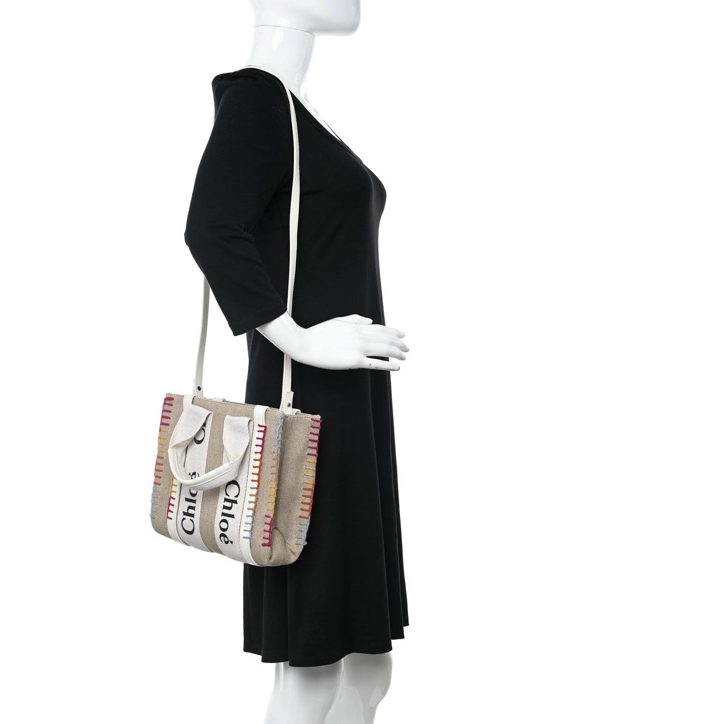 Linen Canvas Calfskin Blanket Stitched Small Woody Ribbon Tote White Multicolor