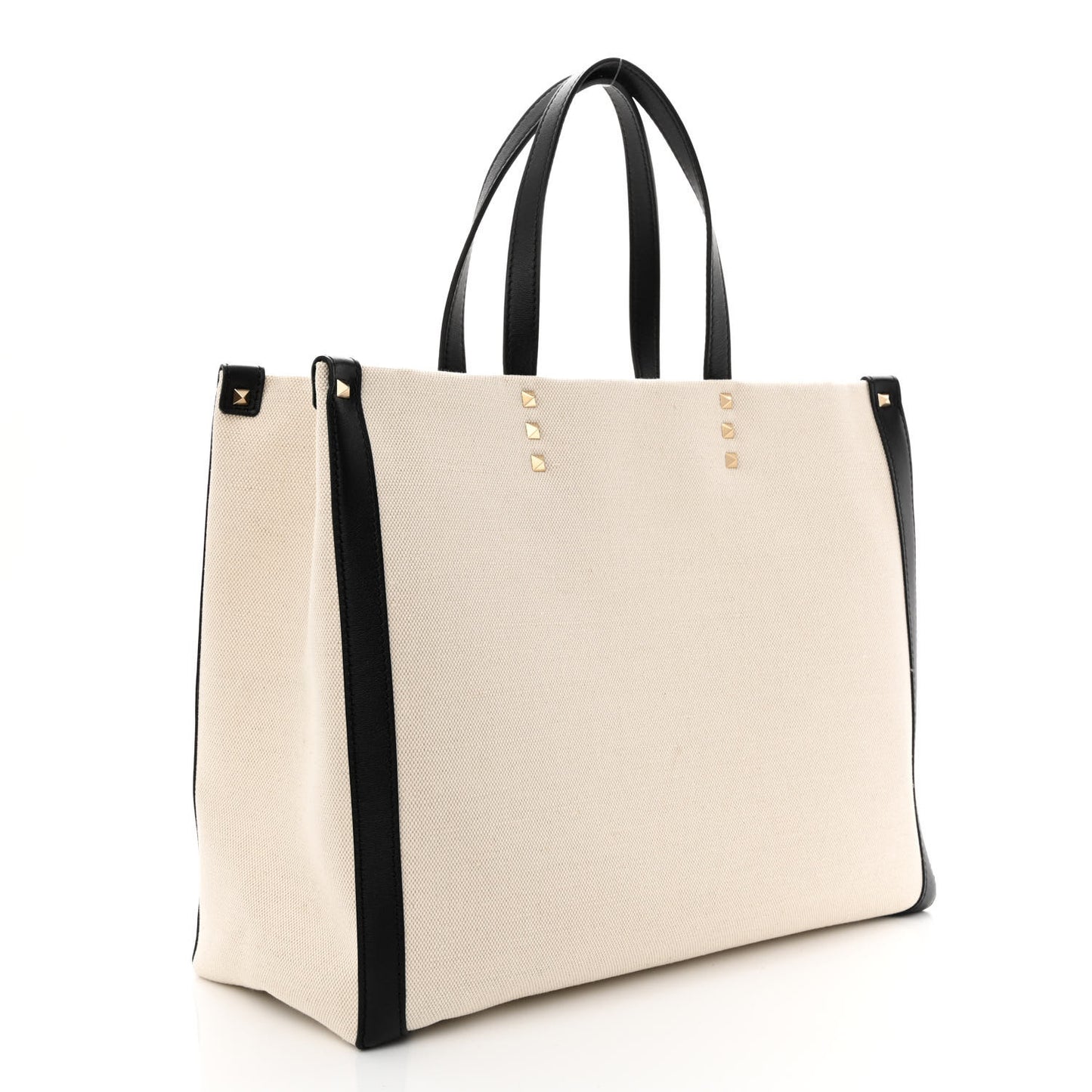 Canvas Calfskin VLTN Print Small Rockstud Tote Naturale Black
