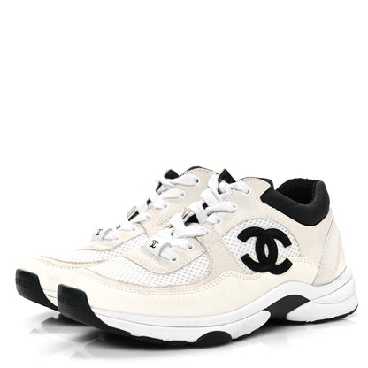 Chanel Mesh Suede Calfskin Grained Calfskin Womens CC Sneakers  36 White Black 4 of 10