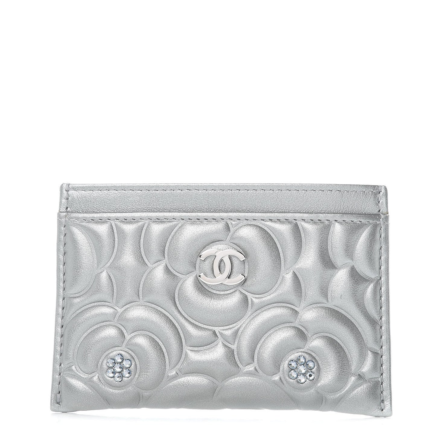 Metallic Lambskin Crystal Camellia Embossed Card Holder Silver