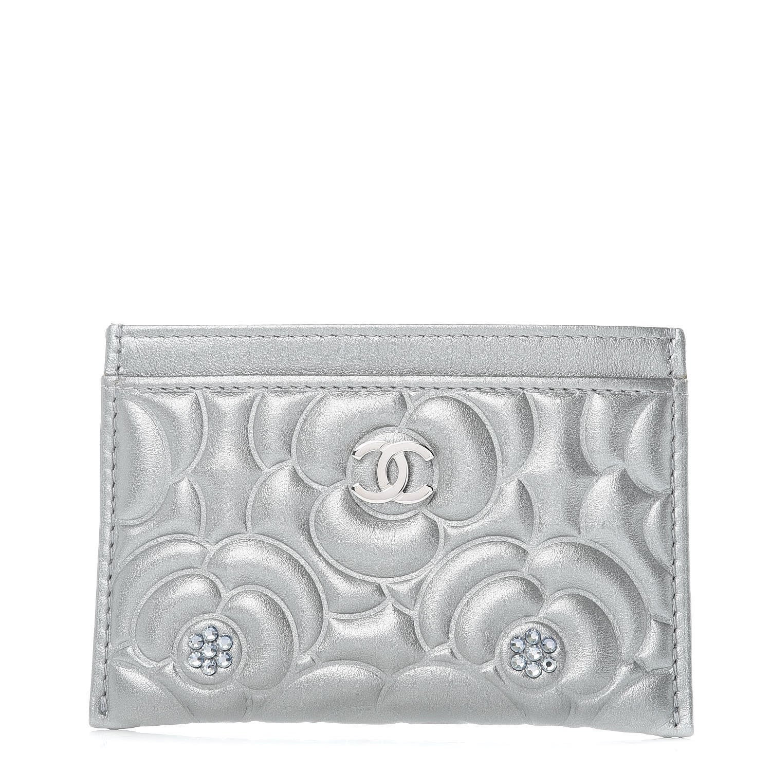 Chanel Metallic Lambskin Crystal Camellia Embossed Card Holder Silver 1 of 11