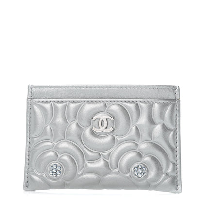 Chanel Metallic Lambskin Crystal Camellia Embossed Card Holder Silver 1 of 11