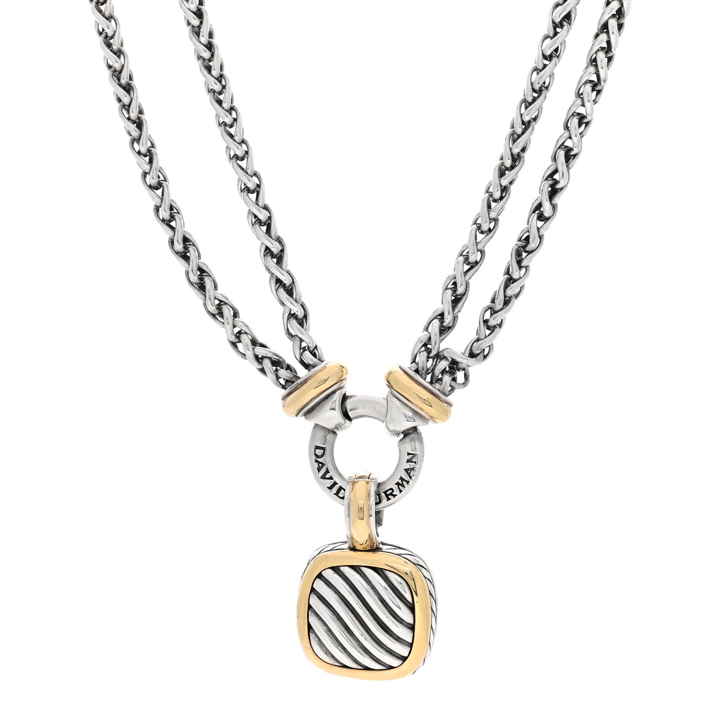 Sterling Silver 18K Yellow Gold Sculpted Cable Pendant Double Wheat Chain Necklace