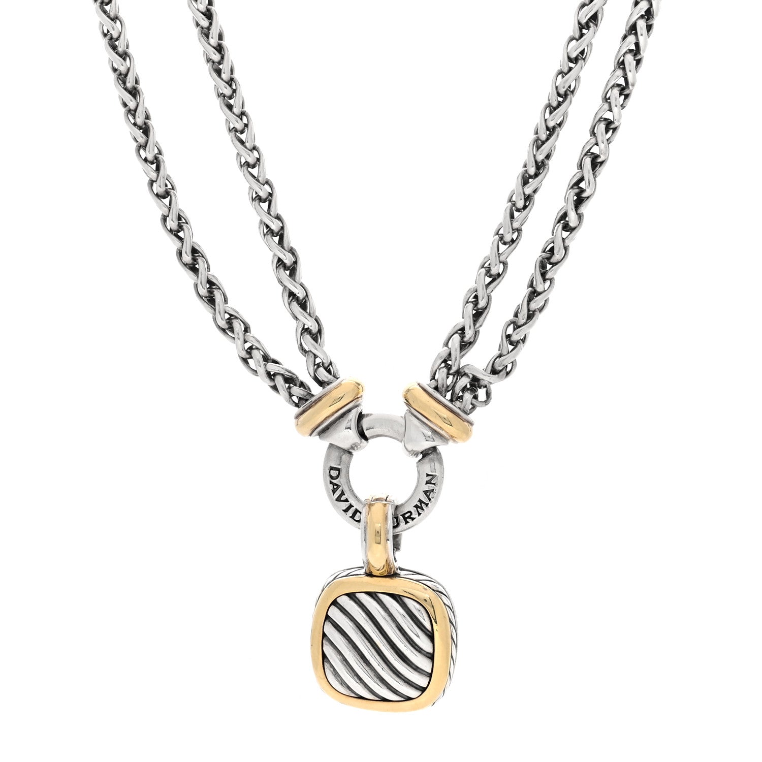 David Yurman Sterling Silver 18K Yellow Gold Sculpted Cable Pendant Double Wheat Chain Necklace 1 of 4