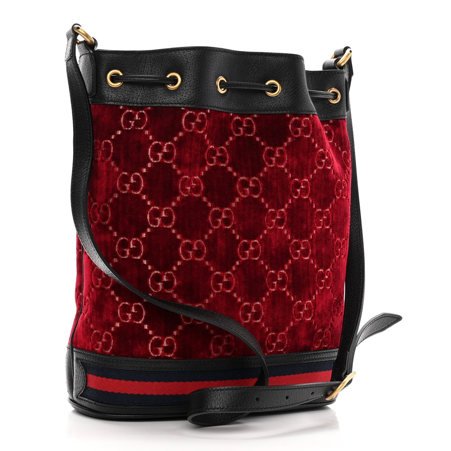 Velvet GG Monogram Textured Calfskin Web Bucket Bag Red Cipria Black