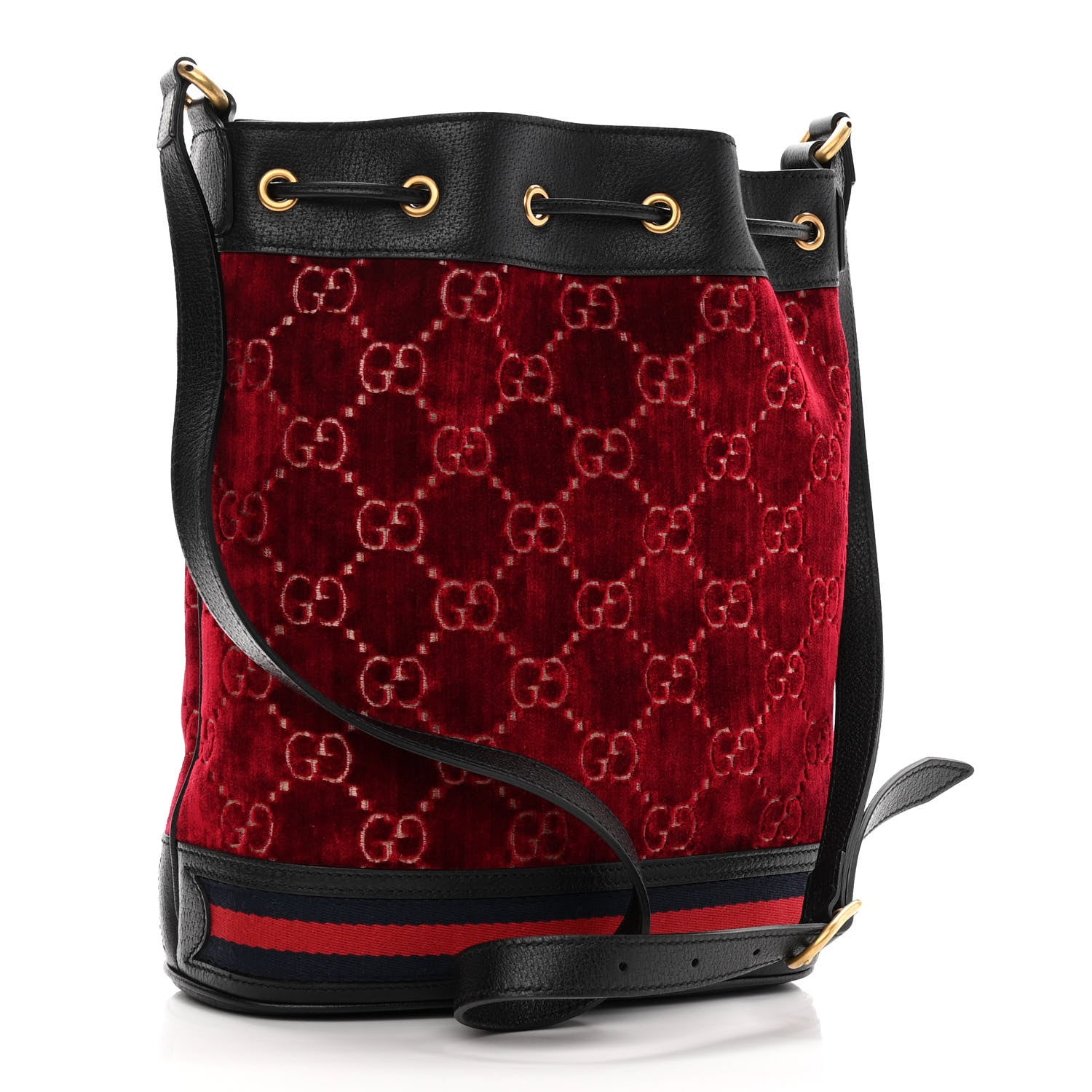 Gucci Velvet GG Monogram Textured Calfskin Web Bucket Bag Red Cipria Black 4 of 11