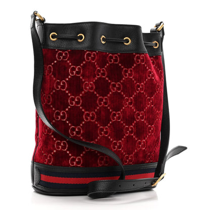Gucci Velvet GG Monogram Textured Calfskin Web Bucket Bag Red Cipria Black 4 of 11