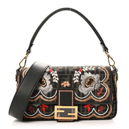 Fendi Fabric Jacquard FF 1974 Floral Embroidered Baguette Tobacco Moro Multicolor 1 of 10