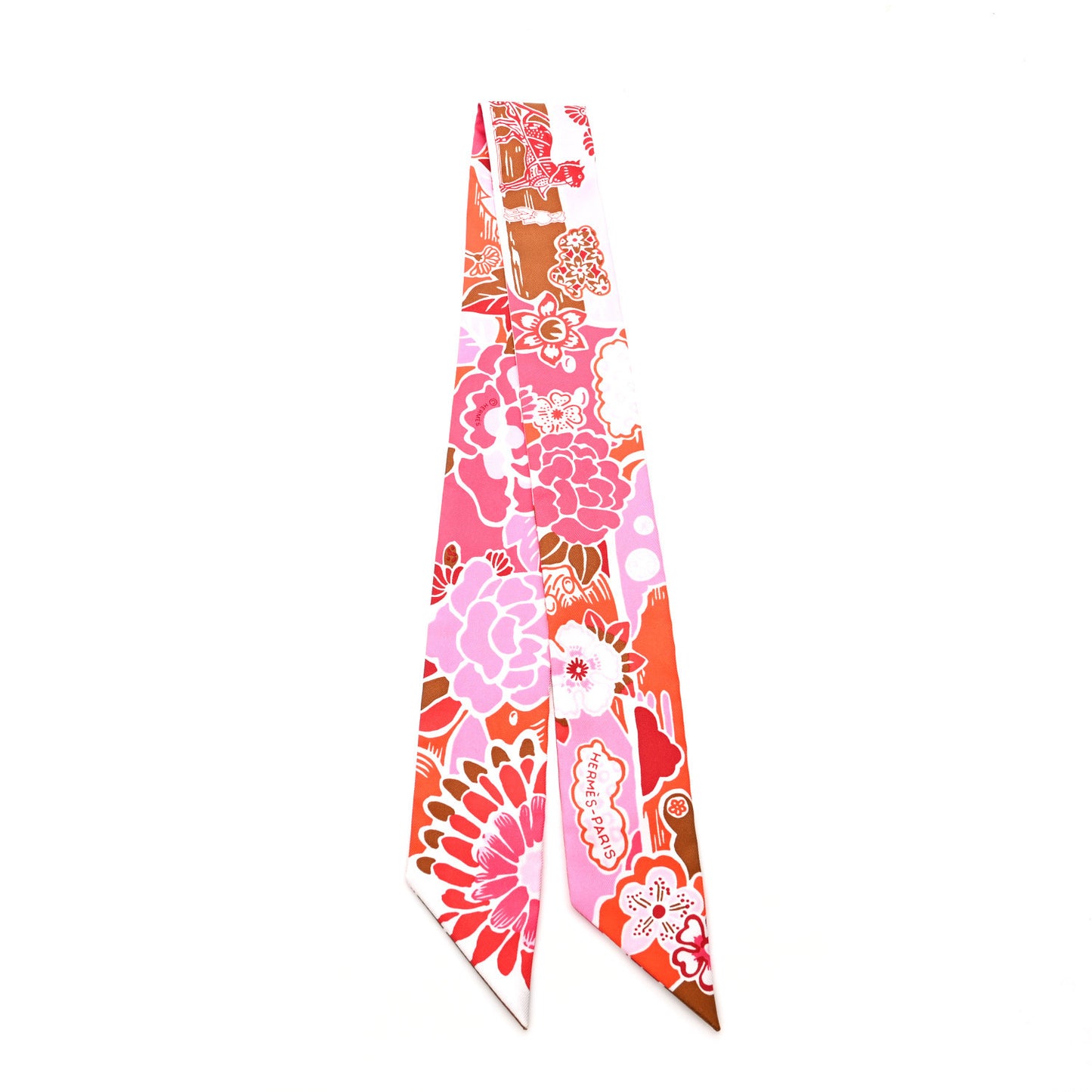 Silk Bingata Twilly Fuchsia Corail Brun