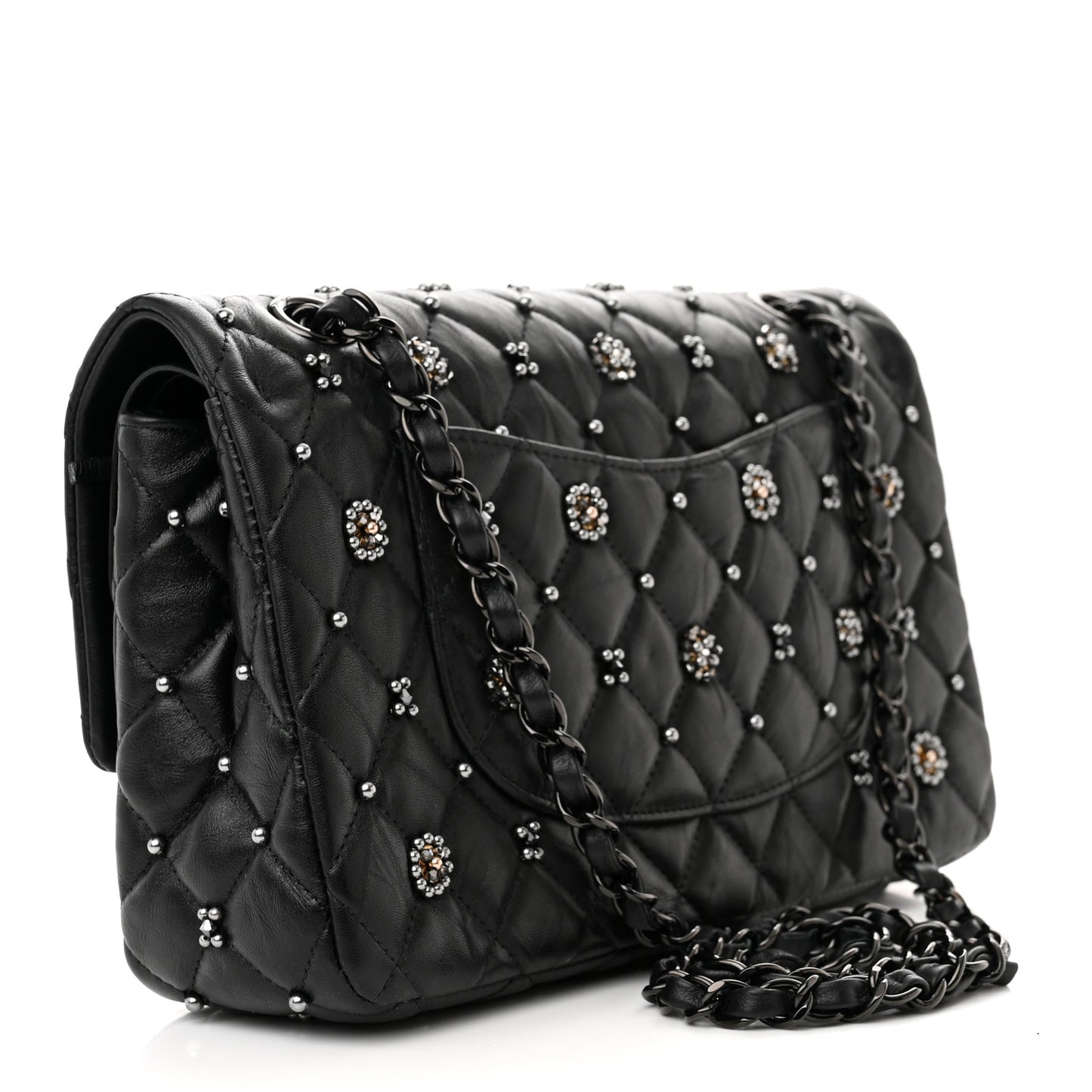 Lambskin Beaded Quilted Flower Double Flap Black