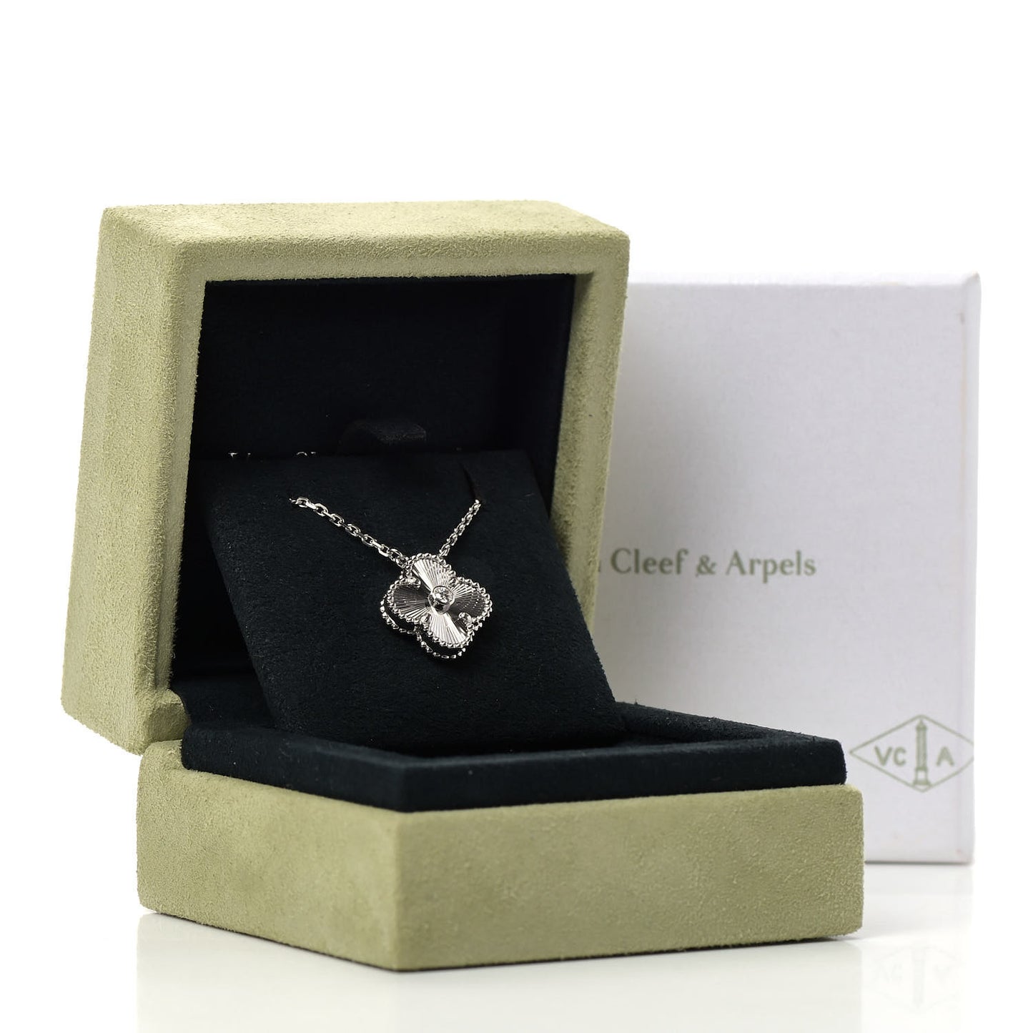 18K White Gold Diamond Guilloche Vintage Alhambra Pendant Necklace